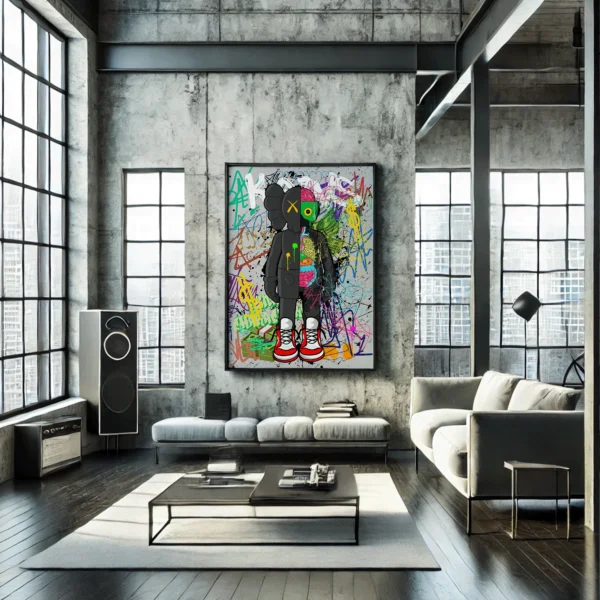 DALL·E 2025-02-18 01.45.30 - A modern urban loft with an industrial-style interior, featuring an exposed concrete wall and large windows allowing natural light. The space has a st_2 תמונת פוסטר עם מסגרת לבחירה גרפיטי KAWS
