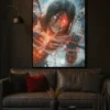 תמונת פוסטר של דמות אנימה גברית, ארן מיגר מ-Attack On Titan, בתוך מערבולת אנרגיה ניאונית כחולה ואדומה בוהקת, על רקע תעשייתי כהה.