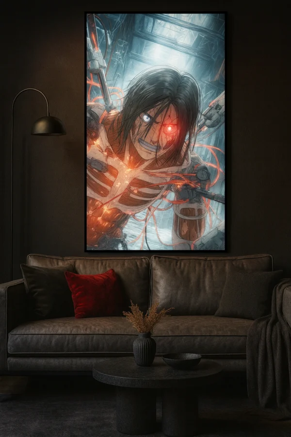 תמונת פוסטר של דמות אנימה גברית, ארן מיגר מ-Attack On Titan, בתוך מערבולת אנרגיה ניאונית כחולה ואדומה בוהקת, על רקע תעשייתי כהה.
