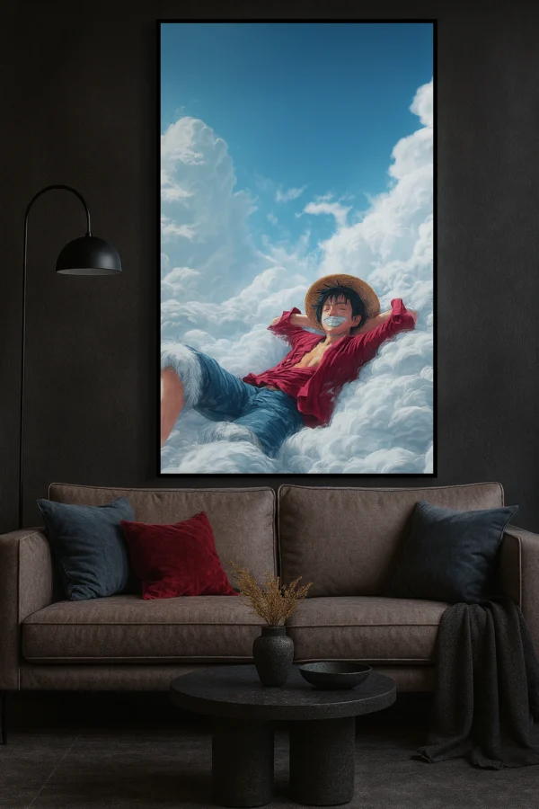 framed mockup תמונת פוסטר עם מסגרת לבחירה אנימה לופי בעננים One Piece