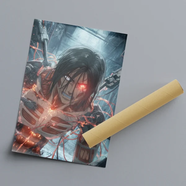 תמונת פוסטר של דמות אנימה גברית, ארן מיגר מ-Attack On Titan, בתוך מערבולת אנרגיה ניאונית כחולה ואדומה בוהקת, על רקע תעשייתי כהה.