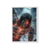 תמונת פוסטר של דמות אנימה גברית, ארן מיגר מ-Attack On Titan, בתוך מערבולת אנרגיה ניאונית כחולה ואדומה בוהקת, על רקע תעשייתי כהה.