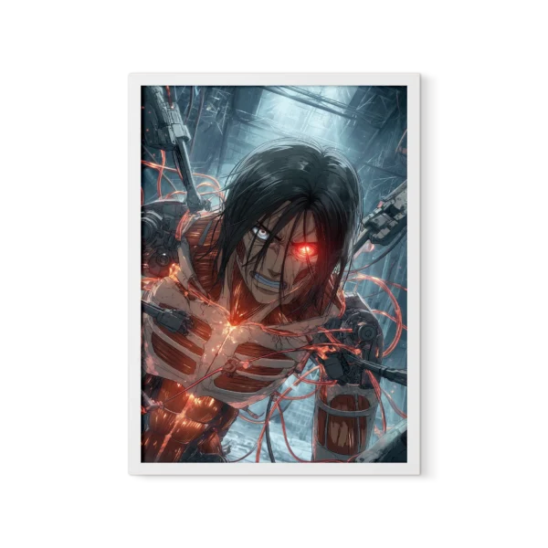 תמונת פוסטר של דמות אנימה גברית, ארן מיגר מ-Attack On Titan, בתוך מערבולת אנרגיה ניאונית כחולה ואדומה בוהקת, על רקע תעשייתי כהה.