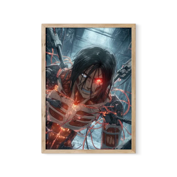 תמונת פוסטר של דמות אנימה גברית, ארן מיגר מ-Attack On Titan, בתוך מערבולת אנרגיה ניאונית כחולה ואדומה בוהקת, על רקע תעשייתי כהה.