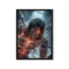 תמונת פוסטר של דמות אנימה גברית, ארן מיגר מ-Attack On Titan, בתוך מערבולת אנרגיה ניאונית כחולה ואדומה בוהקת, על רקע תעשייתי כהה.