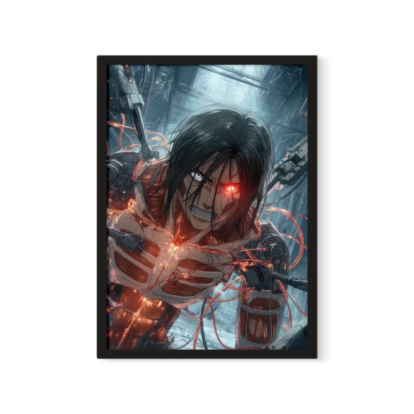 תמונת פוסטר של דמות אנימה גברית, ארן מיגר מ-Attack On Titan, בתוך מערבולת אנרגיה ניאונית כחולה ואדומה בוהקת, על רקע תעשייתי כהה.
