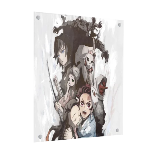 תמונת זכוכית של דמות אנימה מדמון סלייר (Kimetsu no Yaiba) בפוזת פעולה עם חרב, בגווני שחור, לבן ואפור.