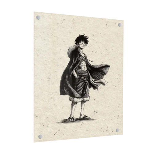 תמונת זכוכית לאורך של דמות האנימה לופי (Monkey D Luffy) מואן פיס, באיור קווי שחור-לבן מינימליסטי.