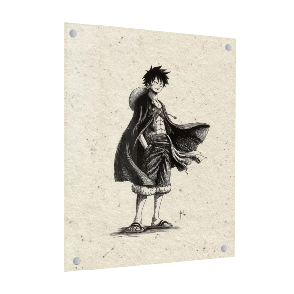 תמונת זכוכית לאורך של דמות האנימה לופי (Monkey D Luffy) מואן פיס, באיור קווי שחור-לבן מינימליסטי.