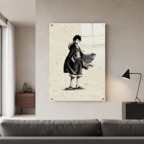תמונת זכוכית לאורך של דמות האנימה לופי (Monkey D Luffy) מואן פיס, באיור קווי שחור-לבן מינימליסטי.