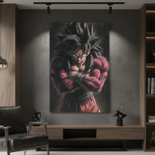 תמונת קנבס של דמות אנימה סופר סאיין (Super Saiyan) מסדרת דרגון בול, עומדת בתנוחה קרבית עם הילה אדומה-צהובה ואנרגיה אפורה-שחורה סביבה.