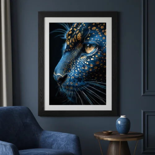 תמונת תקריב של ראש נמר Jaguar עם עיניים חודרות, רקע שחור ונגיעות צבע זהובות.