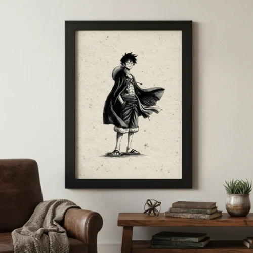 פוסטר ממוסגר בשחור לבן של דמות האנימה לופי (Monkey D Luffy) בעיצוב ליין-ארט דינמי.