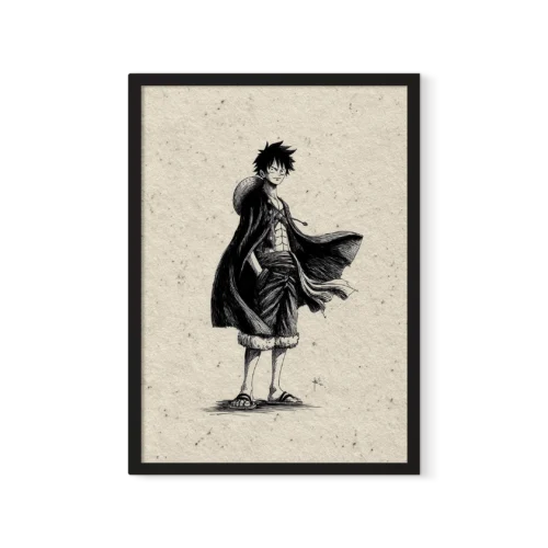 פוסטר ממוסגר בשחור לבן של דמות האנימה לופי (Monkey D Luffy) בעיצוב ליין-ארט דינמי.
