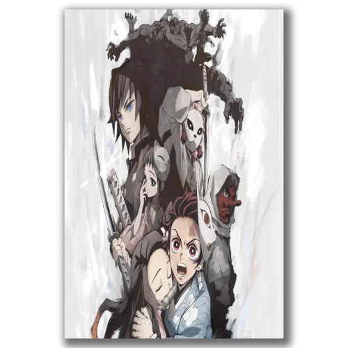 תמונת קנבס אנימה של דמות דמון סלייר (Demon Slayer) בתנועה דינמית, עם חרב ואלמנטים יפניים מסורתיים, בגוונים דרמטיים של שחור, אפור ונגיעות צבע.