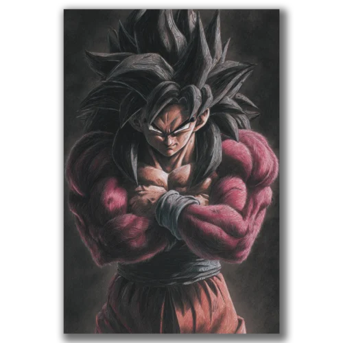 תמונת קנבס של דמות אנימה סופר סאיין (Super Saiyan) מסדרת דרגון בול, עומדת בתנוחה קרבית עם הילה אדומה-צהובה ואנרגיה אפורה-שחורה סביבה.