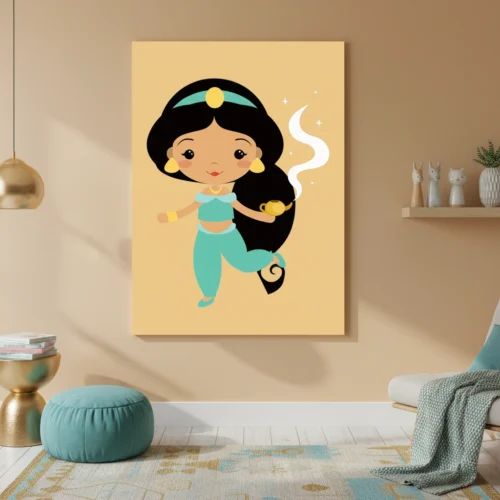 ציור הנסיכה יסמין המחייכת עם עגילי זהב, אוחזת במנורת קסמים מוזהבת ממנה עולה עשן תכלת וסגול.