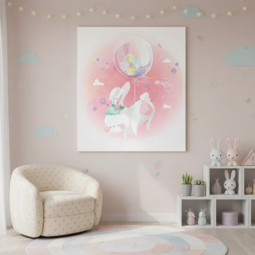 איור של ארנב חמוד בבלון ורוד-סגול עף בין ענני פסטל כחולים ולבנים, מוקף פרחים ולבבות.