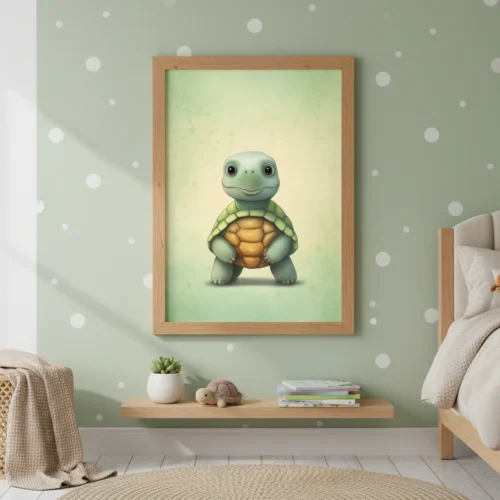 איור דיגיטלי של צב תינוק ירוק חמוד עם עיניים גדולות ושריון בהיר, על רקע בהיר.