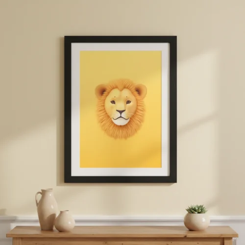 תמונת פוסטר ממוסגרת של ראש אריה מצויר וחמוד על רקע צהוב בהיר.