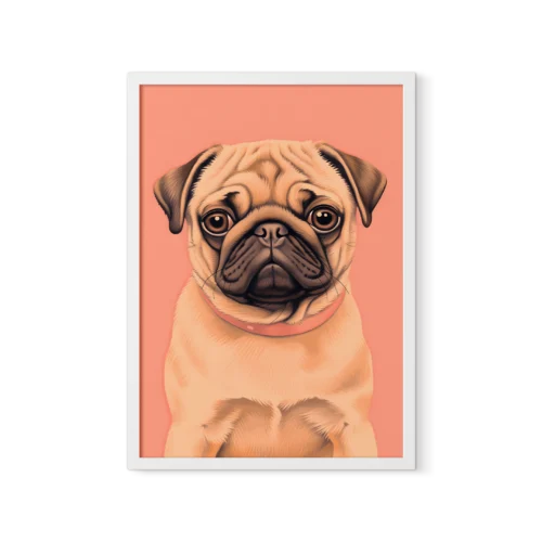 איור דיגיטלי של גור כלבלב פאג אפרסק חמוד עם פרווה בהירה, עיניים גדולות וצווארון ורוד, על רקע ורוד בהיר.