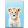פורטרט של גור אריות צעיר ומתוק עם עיניים כחולות על רקע תכלת בהיר