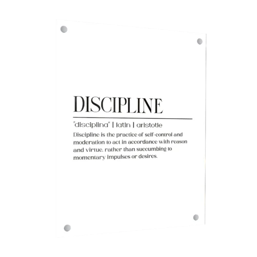 תמונת זכוכית שחור לבן עם המילה 'Discipline' באנגלית, במסגרת שחורה מינימליסטית.