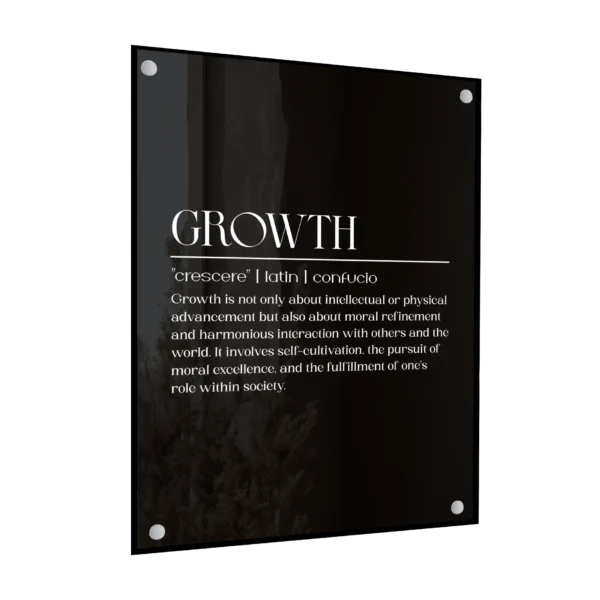 תמונת זכוכית מלבנית עם כיתוב 'GROWTH' באותיות שחורות על רקע לבן, מלווה בהגדרת המילה צמיחה בטקסט מינימליסטי.