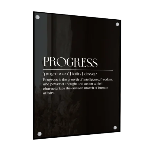 תמונת זכוכית שחור-לבן מינימליסטית עם המילה "PROGRESS" באותיות גדולות וברורות.