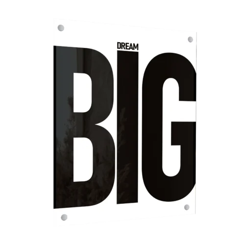 תמונת זכוכית מודרנית עם כיתוב 'Dream Big' באותיות שחורות על רקע לבן.