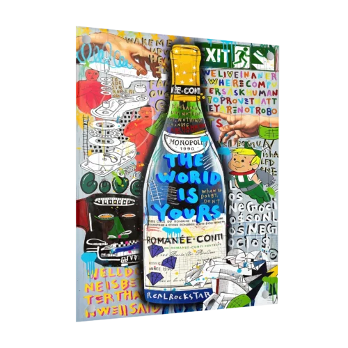 תמונת זכוכית פופ ארט של בקבוק יין מעוטר בגרפיטי צבעוני עם כיתוב בסגנון רחוב.