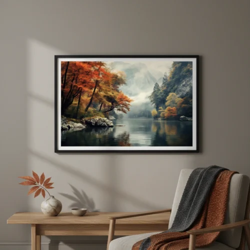 תמונת צבעי מים נוף סתיו הררי עם אגם משתקף, עצים אדומים וכתומים בשלכת, ערפל ועננים.