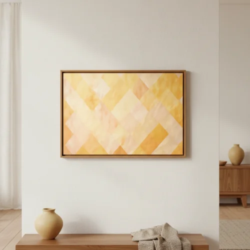 תמונת אבסטרקט גאומטרי מודרני עם שכבות של מעוינים בצבעי זהב, כתום וצהוב היוצרים תלת מימד וצל עדין.