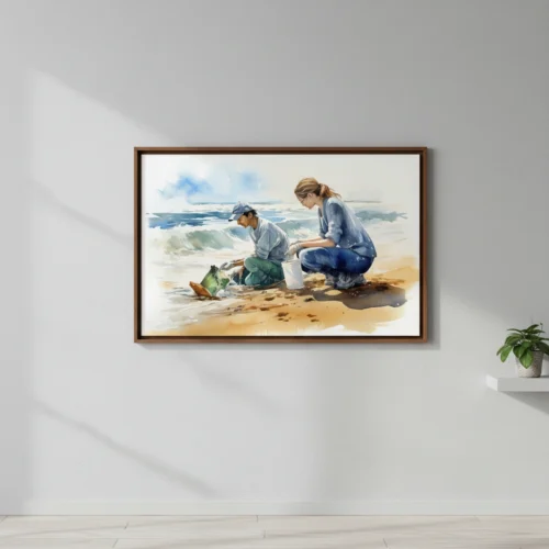 הדפס צבעי מים חוף ים נקי עם גלים עדינים, חול זהוב ושמיים בהירים.
