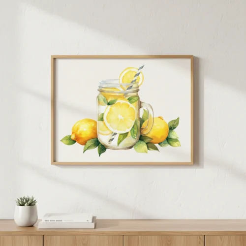 הדפס צבעי מים של כוס לימונדה צוננת עם קוביות קרח, פלחי לימון, עלים וקש בצבעוניות בהירה ושקופה.