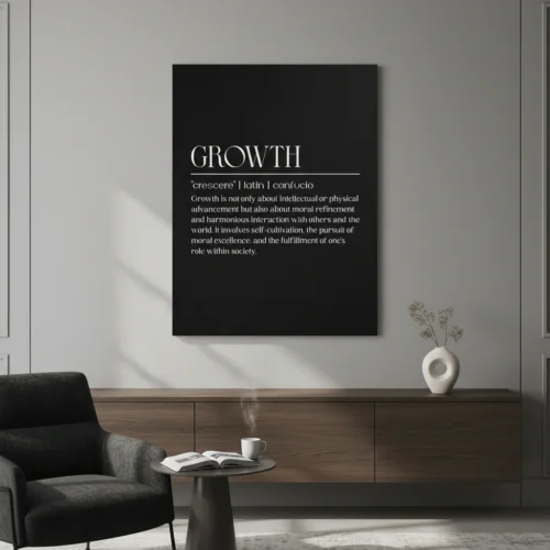 תמונת קנבס עם כיתוב שחור 'GROWTH' ומתחתיו הגדרת צמיחה, על רקע לבן מינימליסטי.