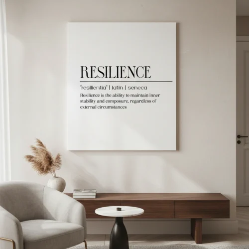תמונת קנבס מינימליסטית בשחור לבן עם המילה 'RESILIENCE' והגדרתה באנגלית.