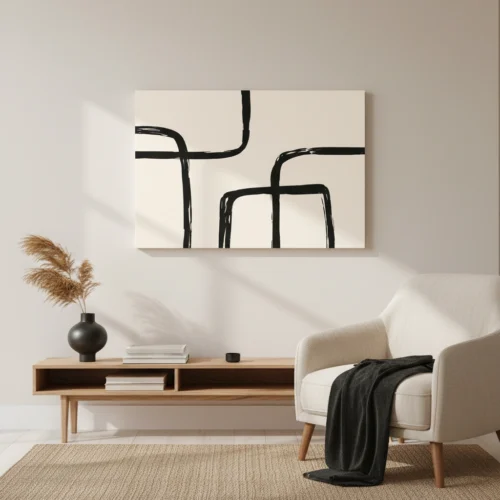 תמונת קנבס מופשטת בסגנון נורדי עם קווים וצורות גיאומטריות בגווני בז', שחור ולבן.
