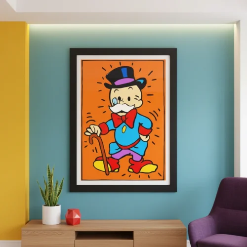 איור פופ ארט צבעוני של דוד סקרוג' בסגנון קית' הרינג, עם כובע צילינדר ומונוקל.