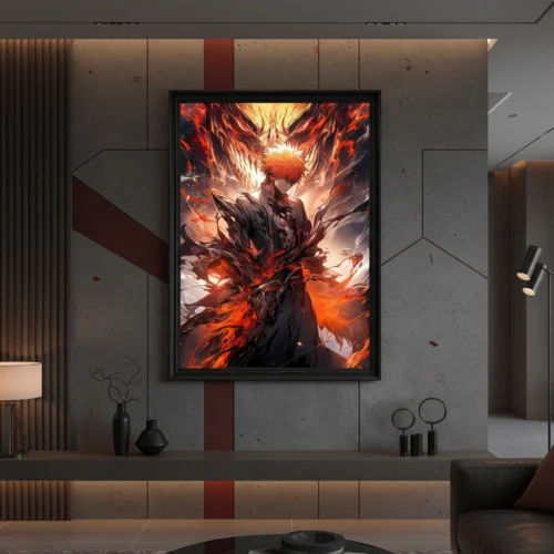 דמות אנימה איצ'יגו מ-BLEACH עם שיער כתום, חרב ועיניים אדומות, מוקפת בלהבות אש אדומות וכתומות על רקע כהה.