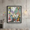 תמונת פוסטר ממוסגרת בסגנון פופ ארט של דמות KAWS בצבעוניות עזה