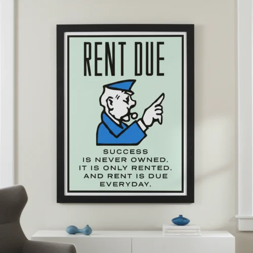 תמונת פופ ארט של שלט מונופול 'שכירות לתשלום' (Rent Due) עם כיתוב באנגלית, ממוסגרת בעץ.