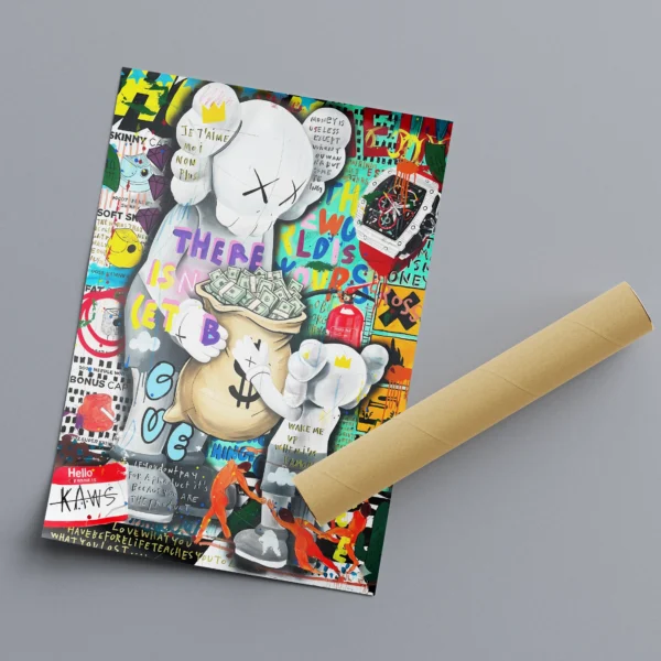תמונת קנבס של דמות KAWS אייקונית עם עיני X, בסגנון פופ ארט צבעוני המשלב אלמנטים של אמנות רחוב.