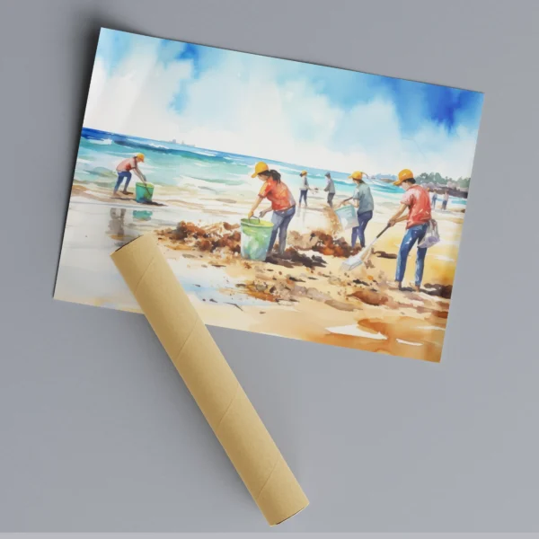 תמונת צבעי מים של ילדים ומבוגרים אוספים פסולת עם דליים ושקיות בחוף ים שטוף שמש.