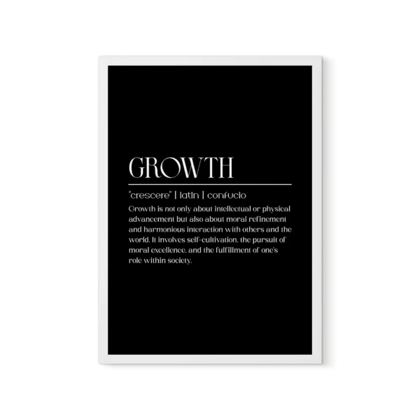 תמונה ממוסגרת עם כיתוב "GROWTH" באותיות שחורות על רקע לבן, מציגה הגדרה של צמיחה.