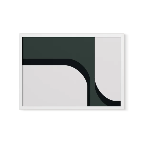 תמונת אבסטרקט מופשטת עם קווים וצורות גאומטריות בצבעי שחור, לבן ואפור בתוך מסגרת מלבנית.
