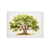 הדפס צבעי מים של נוף יער עבות בגוונים ירוקים, עם גזעי עצים דקים ועלווה עשירה, ממוסגר.