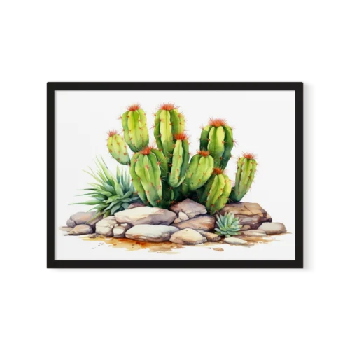 הדפס צבעי מים אופקי של צמחיית מדבר קליפורנית, כולל קקטוסים וסוקולנטים על רקע בהיר.