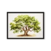 הדפס צבעי מים של נוף יער עבות בגוונים ירוקים, עם גזעי עצים דקים ועלווה עשירה, ממוסגר.