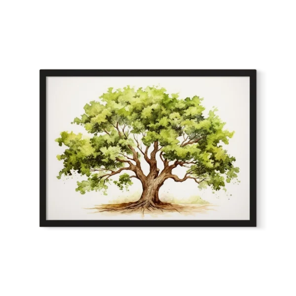 הדפס צבעי מים של נוף יער עבות בגוונים ירוקים, עם גזעי עצים דקים ועלווה עשירה, ממוסגר.